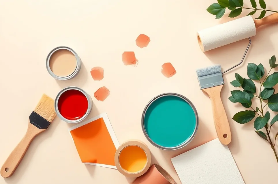 Pots de peinture, nuancier, brosses et rouleaux disposés à plat