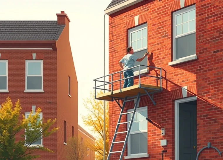 Peintre sur échafaudage traitant la façade d'une maison